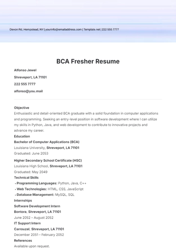 Free BCA Fresher Resume Template to Edit Online