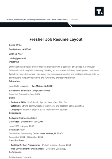 Free Fresher Job Resume Layout Template to Edit Online