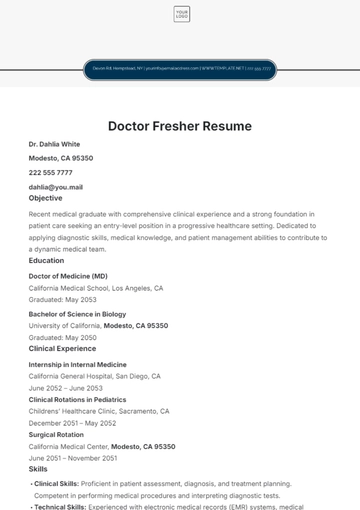 Free Doctor Fresher Resume Template to Edit Online