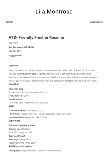 Free ATS-Friendly Fresher Resume Template to Edit Online