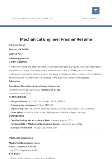 Free Mechanical Engineer Fresher Resume Template to Edit Online