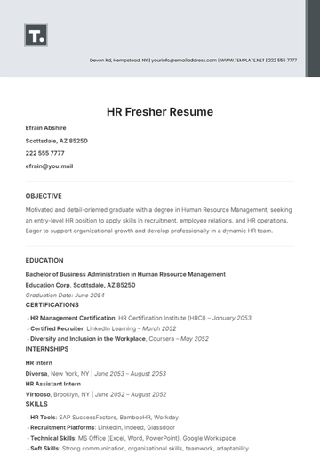 Free HR Fresher Resume Template to Edit Online