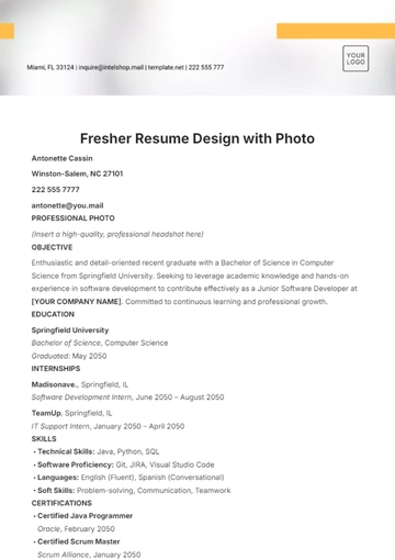 Free Fresher Resume Design Template with Photo to Edit Online