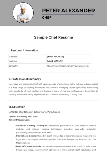 Free Sample Chef Resume Template to Edit Online