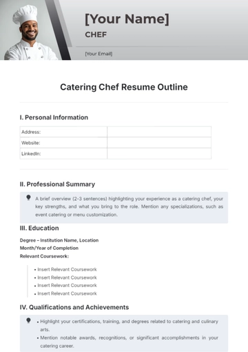 Free Catering Chef Resume Outline Template to Edit Online