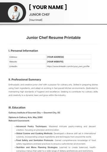 Free Junior Chef Resume Printable Template to Edit Online