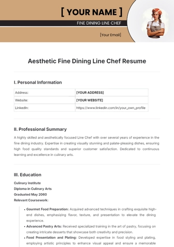 Free Aesthetic Fine Dining Line Chef Resume Template to Edit Online