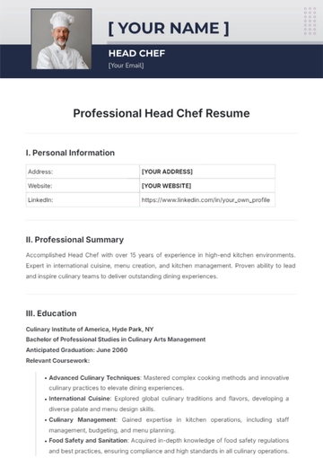 Free Professional Head Chef Resume Template to Edit Online