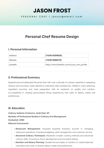 Free Personal Chef Resume Design Template to Edit Online