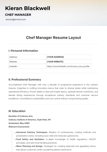 Free Chef Manager Resume Layout Template to Edit Online