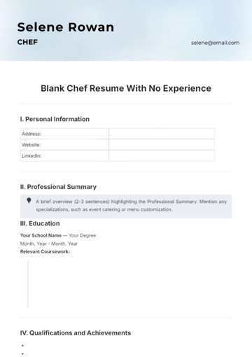 Free Blank Chef Resume With No Experience Template to Edit Online
