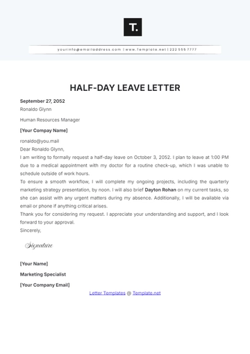 Free Half-Day Leave Letter Template to Edit Online