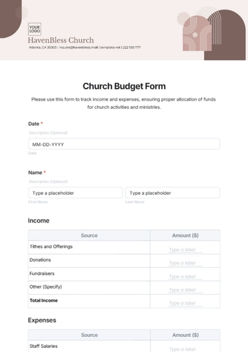 Free Church Budget Form Template to Edit Online