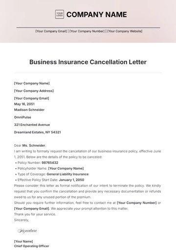 Free Business Insurance Cancellation Letter Template to Edit Online