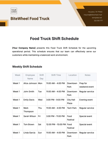Free Food Truck Shift Schedule Template to Edit Online