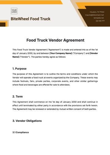 Free Food Truck Vendor Agreement Template to Edit Online