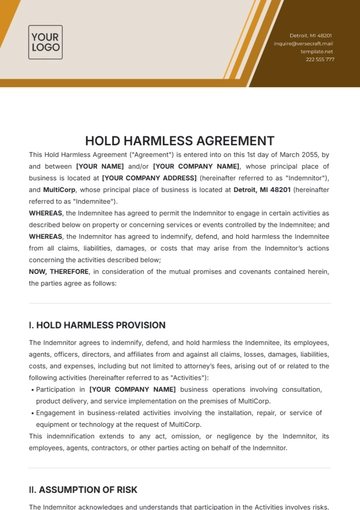 Free Hold Harmless Agreement Template to Edit Online