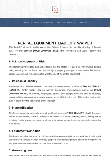 Free Rental Equipment Liability Waiver Template to Edit Online