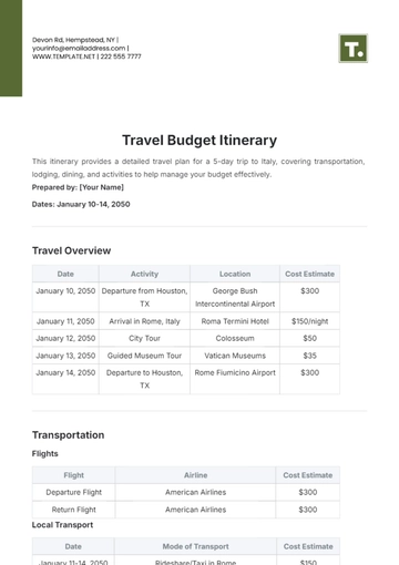 Free Travel Budget Itinerary Template to Edit Online