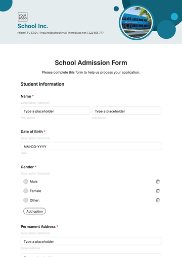 Free School Admission Form Template to Edit Online