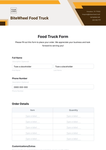 Free Food Truck Form Template to Edit Online