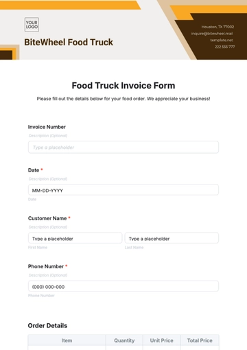 Free Food Truck Invoice Form Template to Edit Online