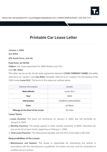 Free Printable Car Lease Letter Template to Edit Online