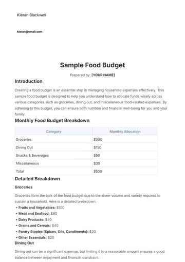 Free Sample Food Budget Template to Edit Online