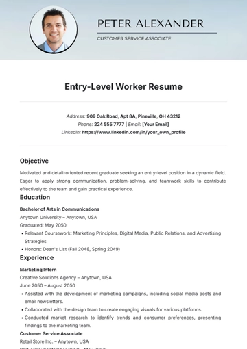 Free Entry-Level Worker Resume Template to Edit Online