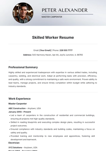 Free Skilled Worker Resume Template to Edit Online