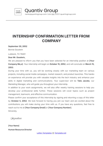 Free Internship Confirmation Letter from Company Template to Edit Online