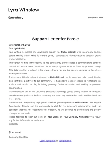 Free Support Letter Template for Parole to Edit Online