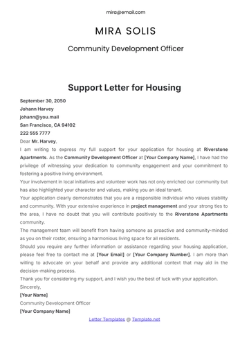 Free Support Letter Template for Housing to Edit Online
