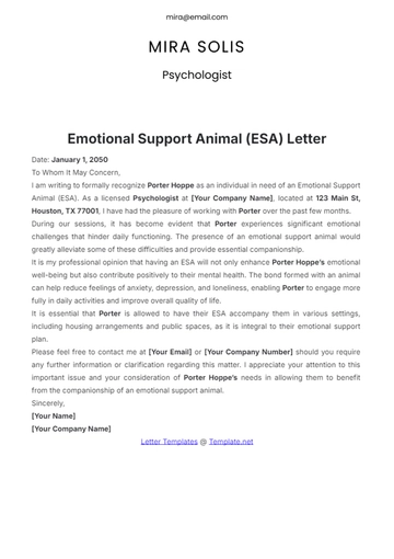 Free Emotional Support Animal (ESA) Letter Template to Edit Online