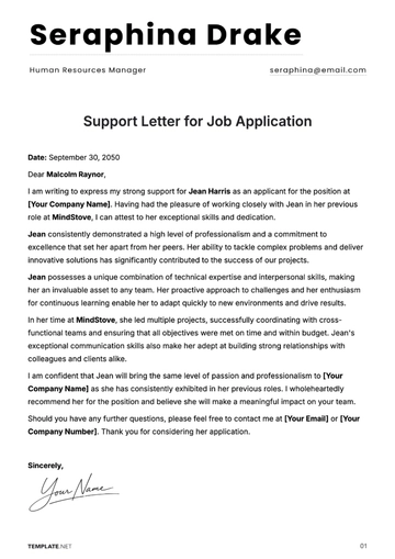 Free Support Letter Template for Job Application to Edit Online