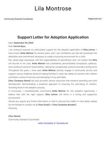 Free Support Letter Template for Adoption Application to Edit Online