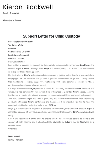 Free Support Letter Template for Child Custody to Edit Online
