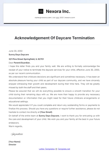 Free Acknowledgement Of Daycare Termination Template to Edit Online