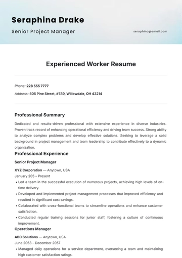 Free Experienced Worker Resume Template to Edit Online