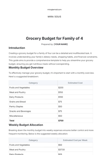 Free Grocery Budget for Family of 4 Template to Edit Online