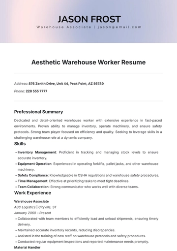 Free Aesthetic Warehouse Worker Resume Template to Edit Online