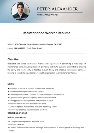 Free Maintenance Worker Resume Template to Edit Online