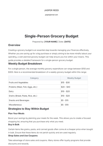 Free Single-Person Grocery Budget Template to Edit Online