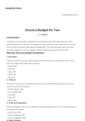 Free Grocery Budget for Two Template to Edit Online