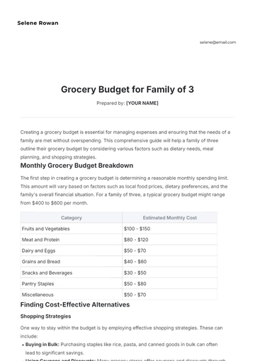 Free Grocery Budget for Family of 3 Template to Edit Online