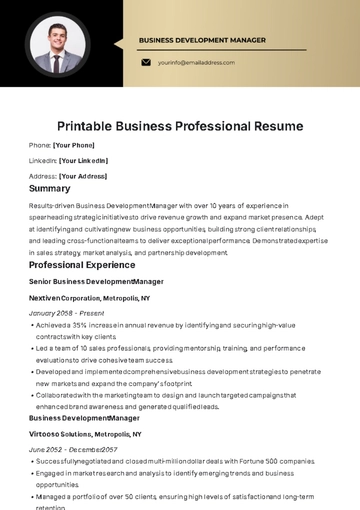 Free Printable Business Professional Resume Template to Edit Online