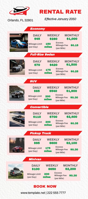 Free Car Rental Rate Card Template to Edit Online