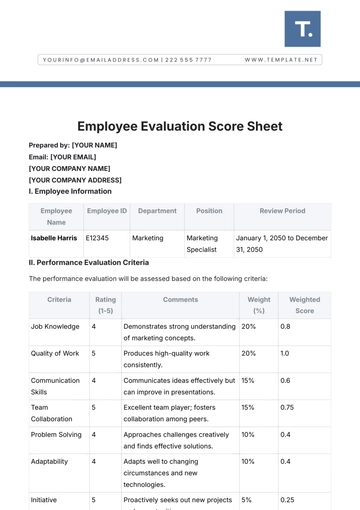 Free Employee Evaluation Score Sheet Template to Edit Online