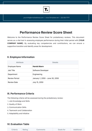 Free Performance Review Score Sheet Template to Edit Online