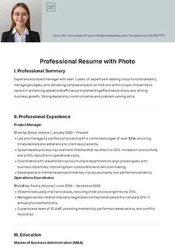 Free Professional Resume Template with Photo to Edit Online